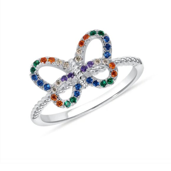 Sterling Silver 925 Rhodium Plated Multicolor Cubic Zirconia Butterfly Ring